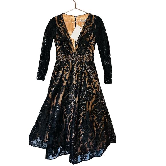 MAC DUGGAL Black Nude Sequin Lace Burnout Embellished A-Line Dress Size 4 NWT - Picture 4 of 16